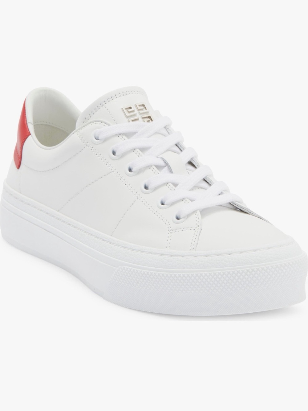 White Leather Lace-Up Sneakers with Red Heel Accent